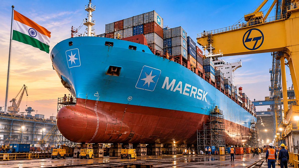 PlusPointIndia's tweet photo. 🚨Maersk’s container ship Maersk Chattogram is undergoing its first planned dry-docking in India at L&amp;T’s Kattupalli Shipyard near Chennai https://t.co/OihKHXBz5e