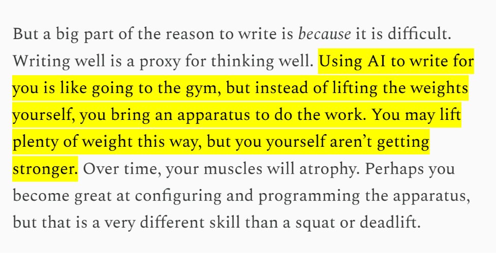 Substack's tweet photo. Is ChatGPT making you a lazier thinker? Performance coach @BStulberg warns that outsourcing our mental work to AI “homogenizes towards a soulless mean” https://t.co/ypZXVPpWJU