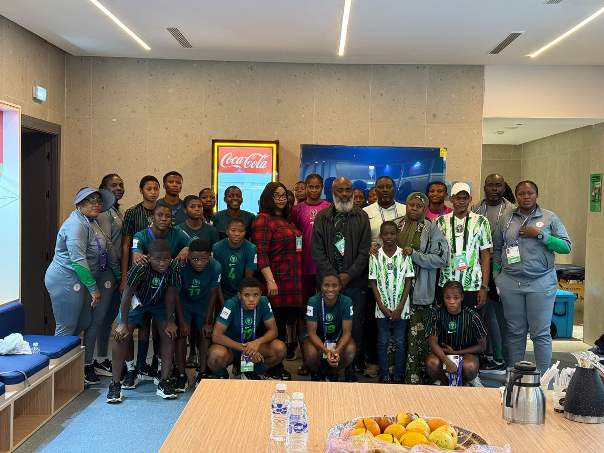 thenff's tweet photo. His Excellency, Ambassador Adam Umar Bako, Nigeria's Ambassador to the Kingdom of Morocco, visited the Flamingos after their 2-0 win over Puerto Rico.

#U17WWC https://t.co/HMpmAFLXbz