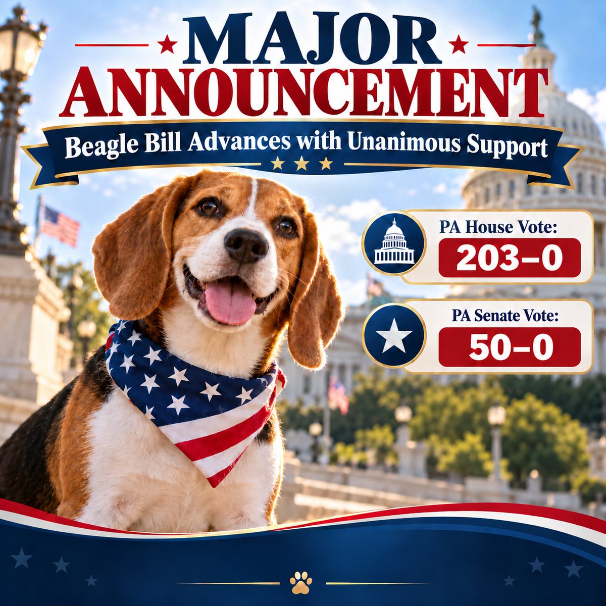 SenMastriano's tweet photo. WE FINALLY MADE IT HAPPEN! THE BEAGLE BILL HAS PASSED! 🎉

After five years of hard work, determination, and perseverance, the Pennsylvania Beagle Bill (SB 381) has passed with overwhelming bipartisan support!

🐾 PA House: 203–0
🐾 PA Senate: 50–0
This is a tremendous victory for our beloved beagles, giving dogs used in research a chance at loving forever homes!

WE COULDN'T HAVE DONE IT WITHOUT SO MANY OF YOU!

A special thank-you to my Democratic colleague and partner, Senator Carolyn Comitta, for working alongside me to champion this legislation. This is bipartisan cooperation at its finest!

I also want to recognize our extraordinary advocates — Kristen Tullo, Abby Avery, Heidi Prescott, and the Adams County SPCA in Gettysburg — for their tireless dedication and compassion. And of course sweet Phoebe the Beagle! She is a very important part of this!

To the countless advocates, rescue organizations, legislative staff, volunteers, and Pennsylvanians who worked behind the scenes and never gave up — THANK YOU! This victory belongs to all of you!

This was never about Republicans or Democrats. It was about doing what is right for these innocent animals.

Five years. One incredible victory.

THE BEAGLES WON! 🐶❤️