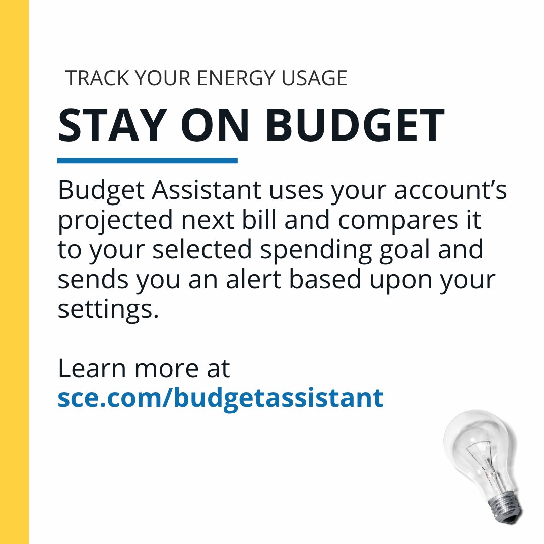 SCE's tweet photo. Small changes can save big. With Budget Assistant, track your energy use in near real‑time and set goals to lower your bill.  

https://t.co/mz7zpOMuKW https://t.co/C19fLVXkMu