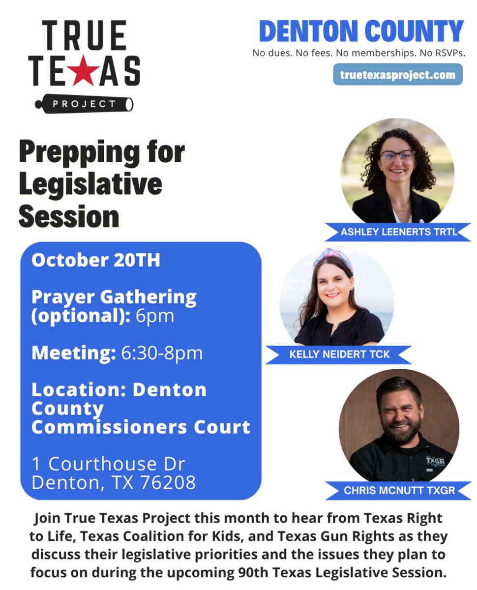 TXRightToLife's tweet photo. Are you in the Fort Worth area? Join our legislative director at the @TrueTXProject Denton meeting tonight to hear how you can help build a #ProLife Texas in the 90th #txlege! https://t.co/O1OBRRXvRJ