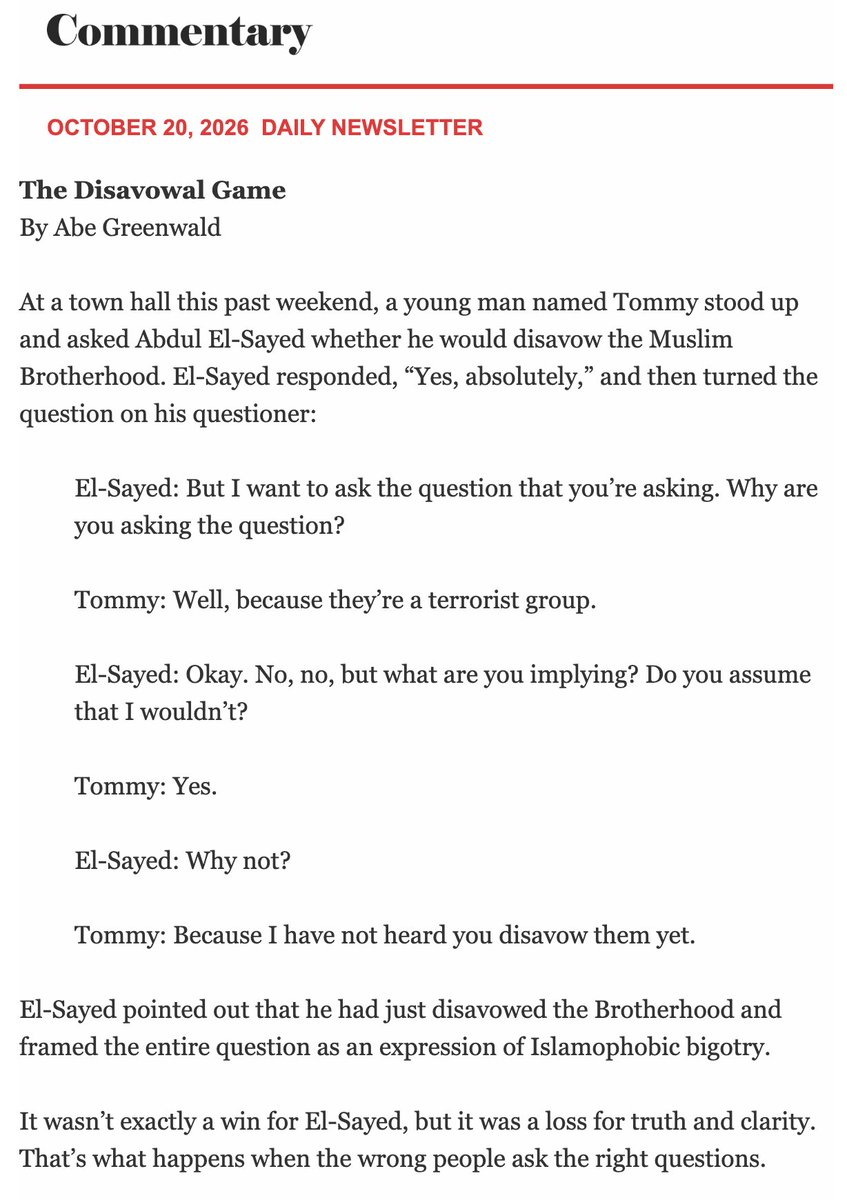 AbeGreenwald's tweet photo. "There’s a stronger response to El-Sayed’s 'Why are you asking me?' jiu-jitsu, and it goes like this:"--Today's newsletter in full. https://t.co/gyBVMC6M06
