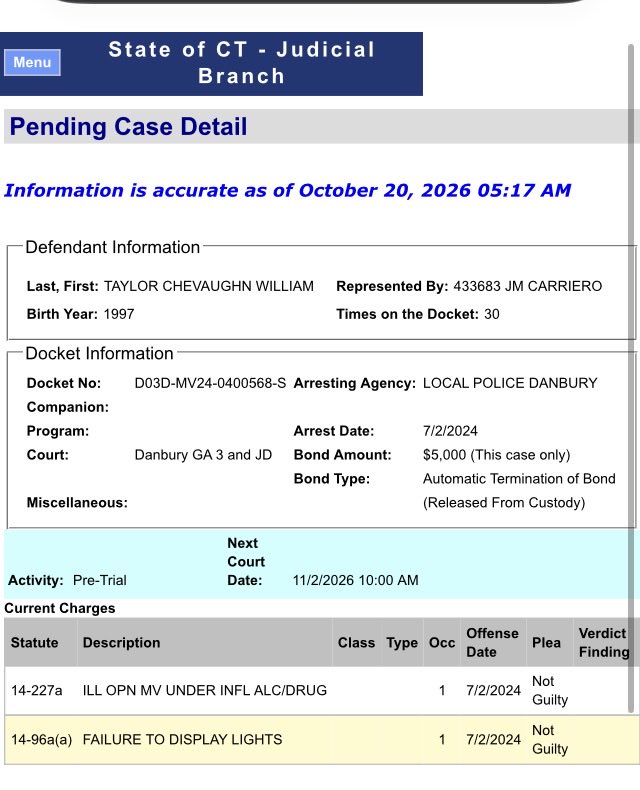 AlinaHMildon's tweet photo. William Taylor Chevaughn has a pending case for operating a vehicle under the influence of alcohol/drugs in Danbury CT on 02 Jul 2024

Danbury Court Docket: D03D-MV24-0400568-S

All people are assumed innocent until proven guilty. https://t.co/UtAYpjzKVc