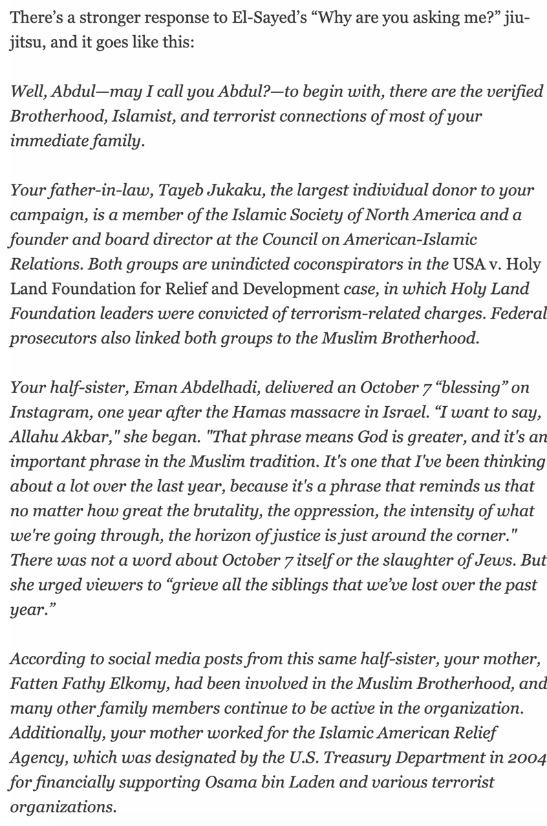 AbeGreenwald's tweet photo. "There’s a stronger response to El-Sayed’s 'Why are you asking me?' jiu-jitsu, and it goes like this:"--Today's newsletter in full. https://t.co/gyBVMC6M06