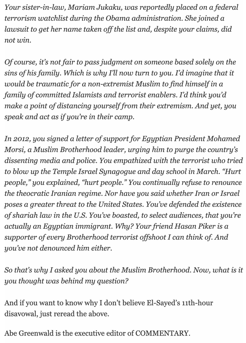 AbeGreenwald's tweet photo. "There’s a stronger response to El-Sayed’s 'Why are you asking me?' jiu-jitsu, and it goes like this:"--Today's newsletter in full. https://t.co/gyBVMC6M06