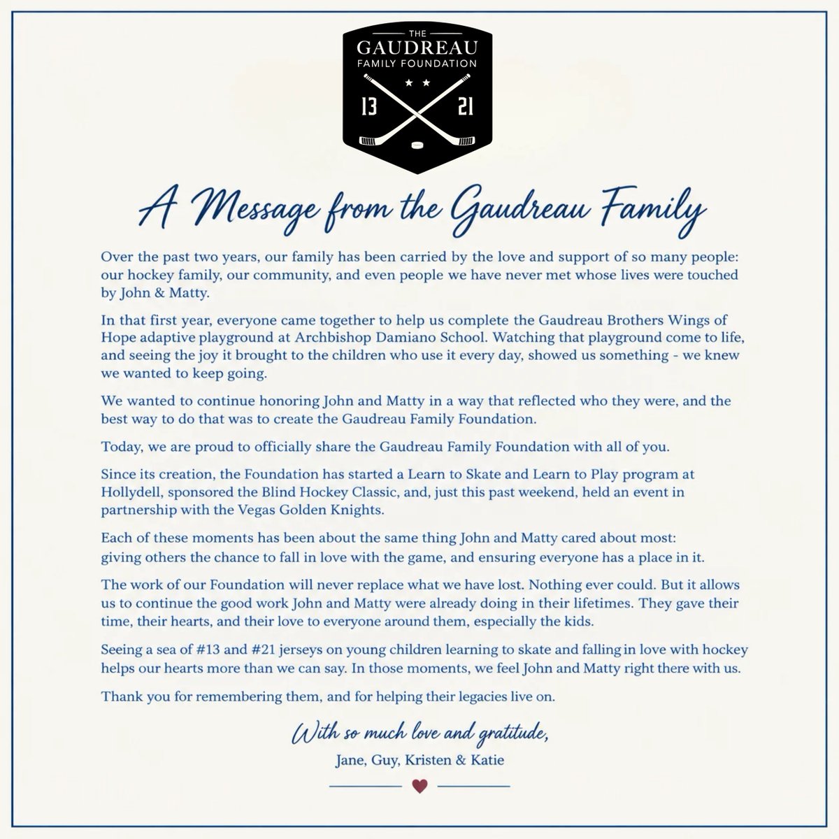 GaudreauFamily's tweet photo. A message from the Gaudreau Family Foundation ❤️❤️ https://t.co/Q6ISS8SByV