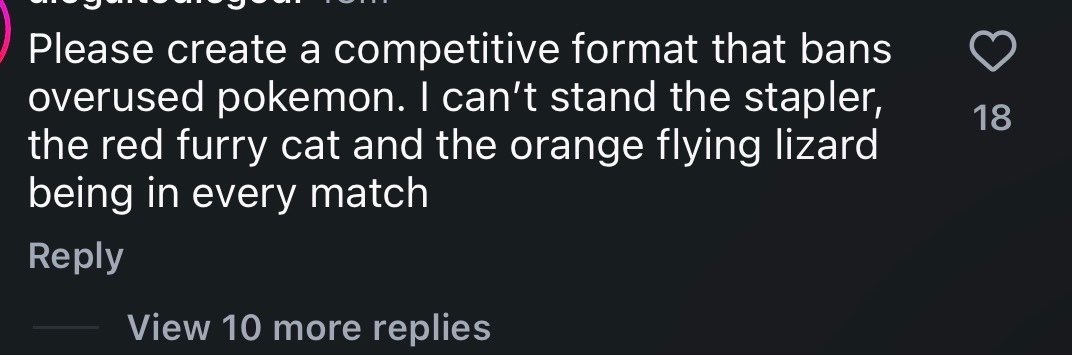 Aluratisse's tweet photo. These comments will forever be funny to me because do they realize that creating a new competitive format that bans ‘overused’ pokemon will just create a new lineup of overused pokemon for that new format 😭 https://t.co/GDavTvDNyZ