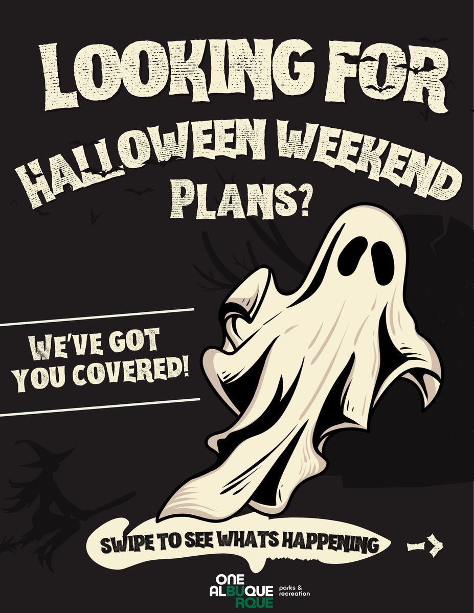 CABQParks's tweet photo. Kick off Halloween weekend with us! 👻

Looking for something fun to do on Friday, October 30?

Swipe through for all the details and come celebrate Halloween weekend with us! →

#OneAlbuquerque https://t.co/4xht7i1tDG