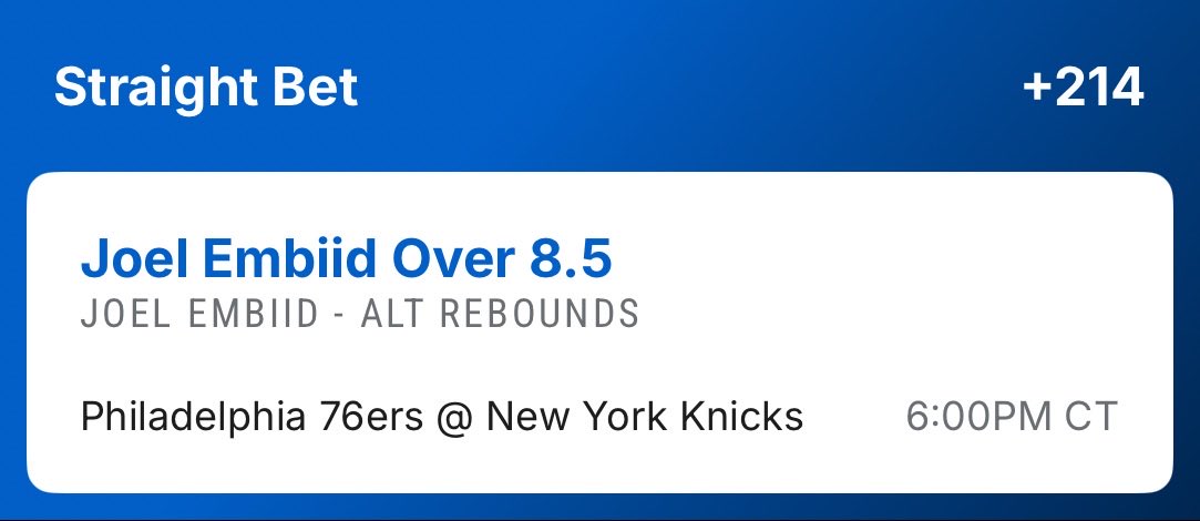 mossgambles's tweet photo. Have a profit boost for a game and don’t know what to take?
Didn’t know where any sharp plays were on the NYK-PHI game but had a 50% boost. OddsJams games took found me Embiid O 8.5 rebounds at +142 was 10.1% EV. Tack on that 50% boost and we’re looking at a very valuable play. https://t.co/OITUX0R0Xe