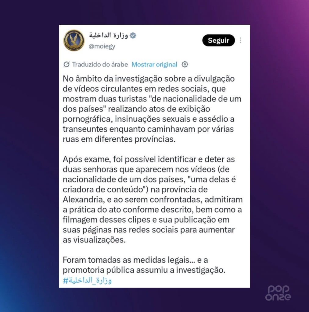 poponze's tweet photo. Perfil oficial do Ministério do Interior do Egito posta nota sobre a prisão de Malévola Alves:

“Ela admitiu praticar atos obscenos, fazer insinuações s* xuais e assediar pessoas nas ruas, além de gravar e publicar os vídeos nas redes sociais para aumentar as visualizações.” https://t.co/Lx45DDtUtt