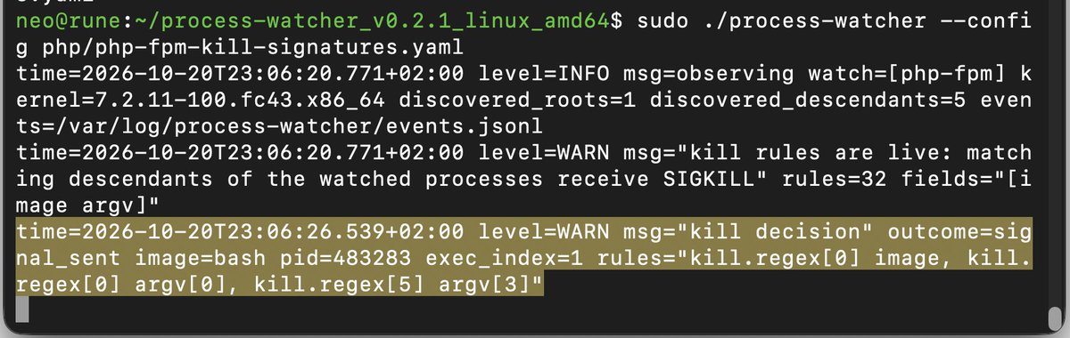 cyb3rops's tweet photo. Since I heard about this #PHP #RCE last week, I've been preparing a tool for everyone who doesn't know what to do right now: 

process-watcher shows you every program your PHP processes start, with full command lines, so you can spot suspicious activity

Until a patch is out, isolation (containers) and tight monitoring are your best bet to limit the damage. And I'm sure the LLMs already go "brrrr" and people are trying to reproduce the vulnerability.

From what I've heard, exploitation will probably show up as suspicious sub process spawns. That's exactly what this watches, using eBPF: one static binary for Linux (amd64, arm64), no dependencies, running in a few minutes. It can also kill the ones you name (dry run first), but it's a detection layer, not a patch, and it can't see anything that happens inside PHP without starting a process.

Quick start: https://t.co/7nluFV3Q25
Project: https://t.co/45agyRKtnS