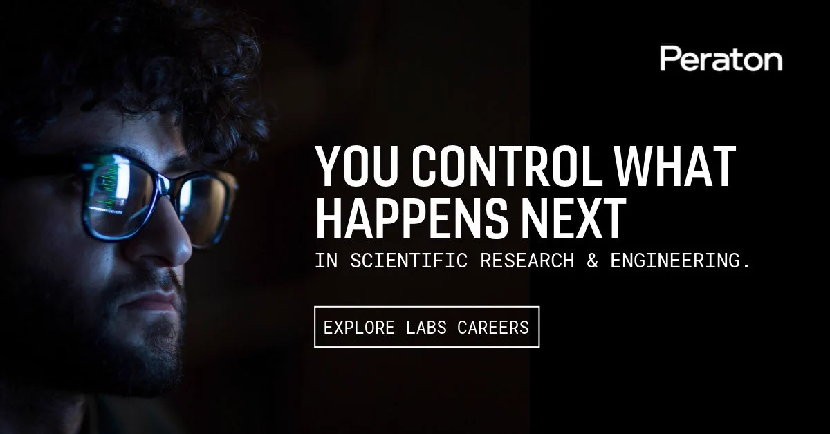 A person, partially visible, looks intently at a screen. The text reads, "You control what happens next in scientific research & engineering." There is a button labeled "Explore Labs Careers." The Peraton logo appears in the top-right corner.