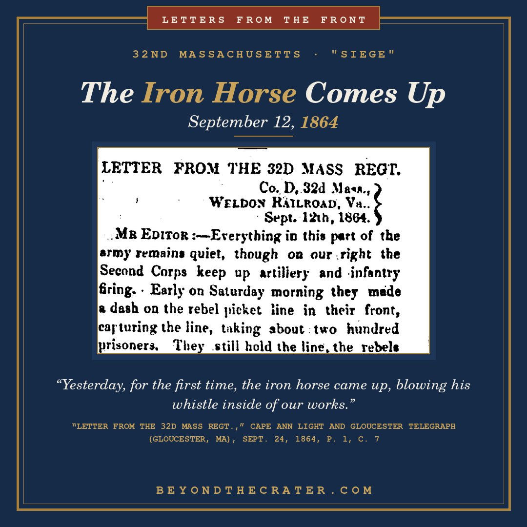 PetersburgSiege's tweet photo. “Yesterday, for the first time, the iron horse came up, blowing his whistle inside of our works.” A 32nd Massachusetts soldier sees the Military Railroad reach the Weldon RR lines, Sept. 12, 1864. https://t.co/1ITE8aVodh #SiegeOfPetersburg #CivilWar https://t.co/CvssX2SxZ9