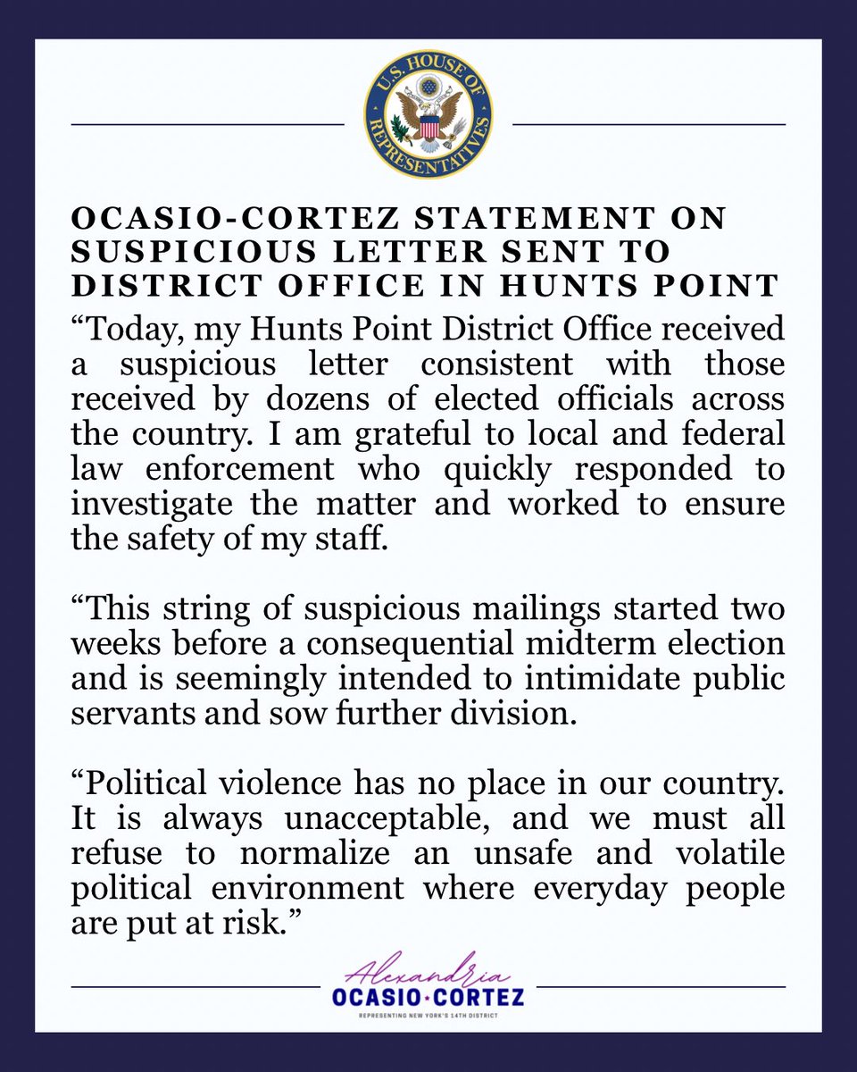 RepAOC's tweet photo. My statement on the suspicious letter sent to my district office in Hunts Point. https://t.co/K3VS20lhO7