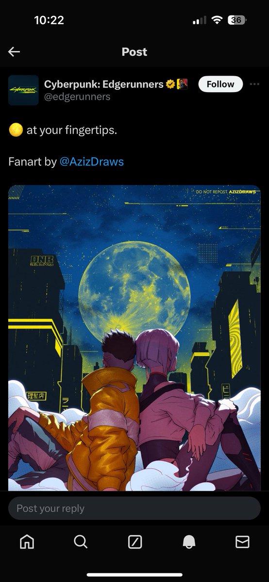 AzizDraws's tweet photo. Not long after posting my fan art of Edgerunners, I saw the official page share it on their page. https://t.co/m1gZVhe0il