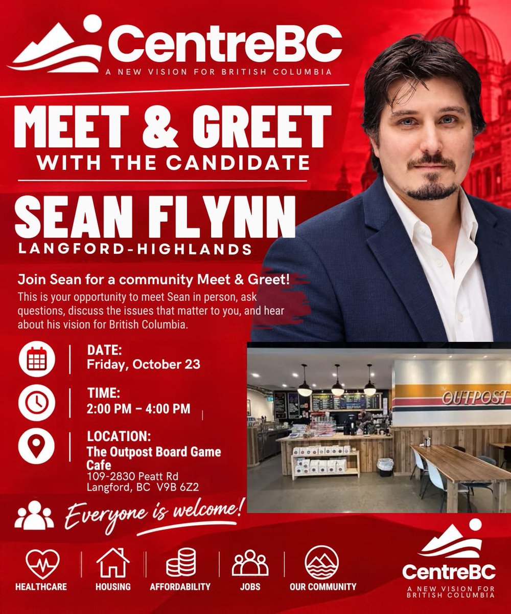 SeanFlynnBC's tweet photo. Coffee and conversation this Friday! ☕

Join me Oct. 23, 2–4 p.m. at The Outpost Board Game Cafe, 109–2830 Peatt Rd., Langford.

Bring your questions and share what matters most to you. Everyone is welcome!

#LangfordHighlands #CentreBC https://t.co/GsXAsofo2D