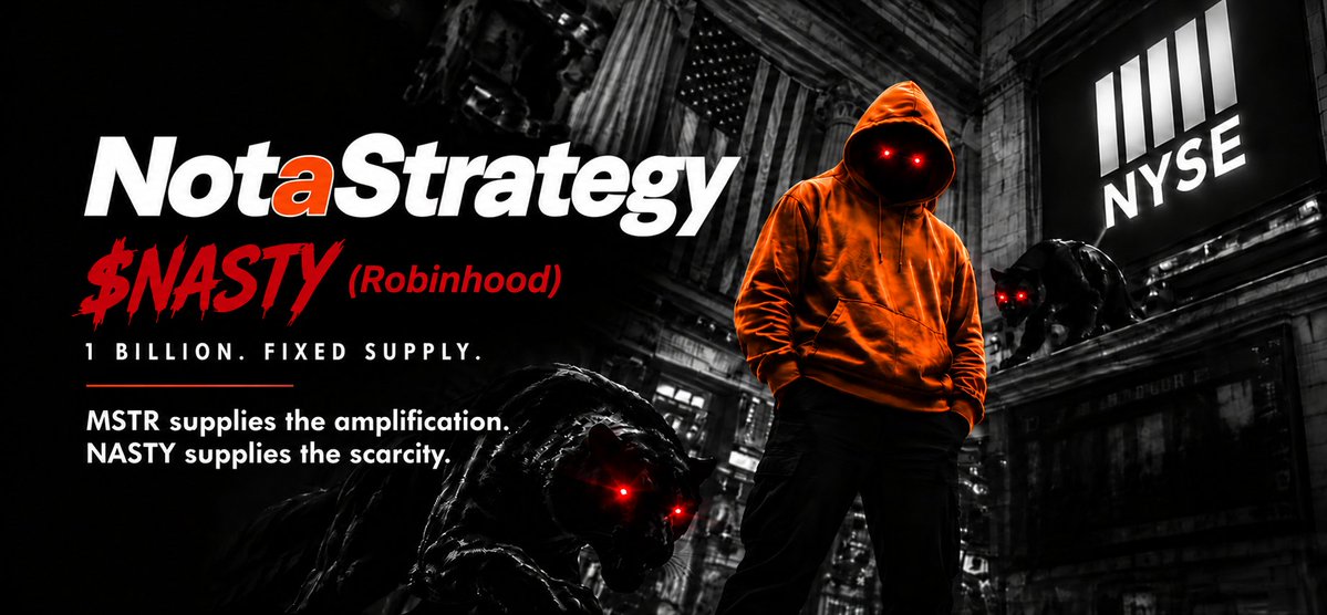 NotaStrategy's tweet photo. We’ve built a scarcity layer on top of Bitcoin amplification.

$MSTR supplies the amplification.
$NASTY supplies the scarcity.
1 billion $NASTY were minted directly into the $NASTY / $MSTR pool on @RobinhoodCrypto 
No whitelist.
No pre-allocation.
No more minting.

Only ~150M remain in the pool.
Fixed-supply meme liquidity paired directly with amplified Bitcoin.
As demand grows, $MSTR can expand its capital base.
$NASTY can’t expand its supply.

The scarcity sits on the NASTY side of the pool.👊
@longdotxyz