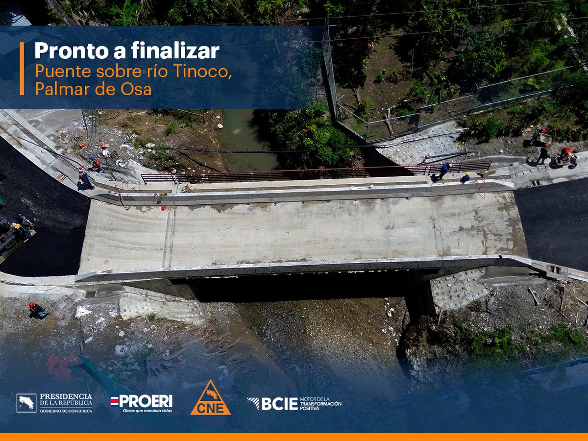 CNECostaRica's tweet photo. ¡Las  obras #PROERI avanzan en todo el país! 

Prueba de ello es que el próximo mes finalizaremos el puente sobre el río Tinoco en Palmar de Osa.

Esta obra se une a los puentes sobre el río Pavón y río Balsar, los cuales ya fueron finalizados en este mismo cantón. https://t.co/Sf8JB6GlaF