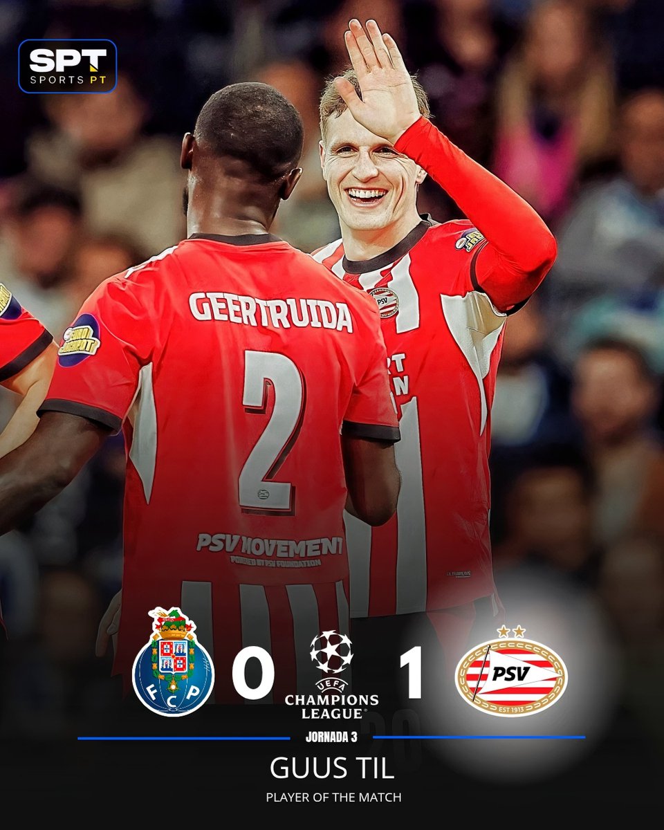 _SPORTSPT's tweet photo. 🔵 𝘾𝙃𝘼𝙈𝙋𝙄𝙊𝙉𝙎 𝙇𝙀𝘼𝙂𝙐𝙀: Lição de eficácia no Estádio do Dragão! 

O PSV venceu o FC Porto por 0-1 e celebrou o primeiro triunfo na prova. Guus Til levou o prémio de 'MVP'. 

👇 Crónica e golos no artigo:
🔗 https://t.co/YNn8Iyp3cT

#FCP #PSV #FCPPSV #UCL https://t.co/MOwzyqAdtg