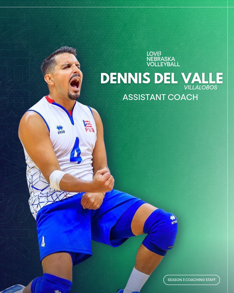 lovbneb's tweet photo. Meet Coach Dennis Del Valle! 👋💚 @delvalle427 

From a national championship at Penn State to 14 years of professional volleyball and 17 years representing Puerto Rico on the national team, Dennis brings a wealth of experience to LOVB Nebraska!

Welcome to the team, Coach! https://t.co/5EtXFRXs24