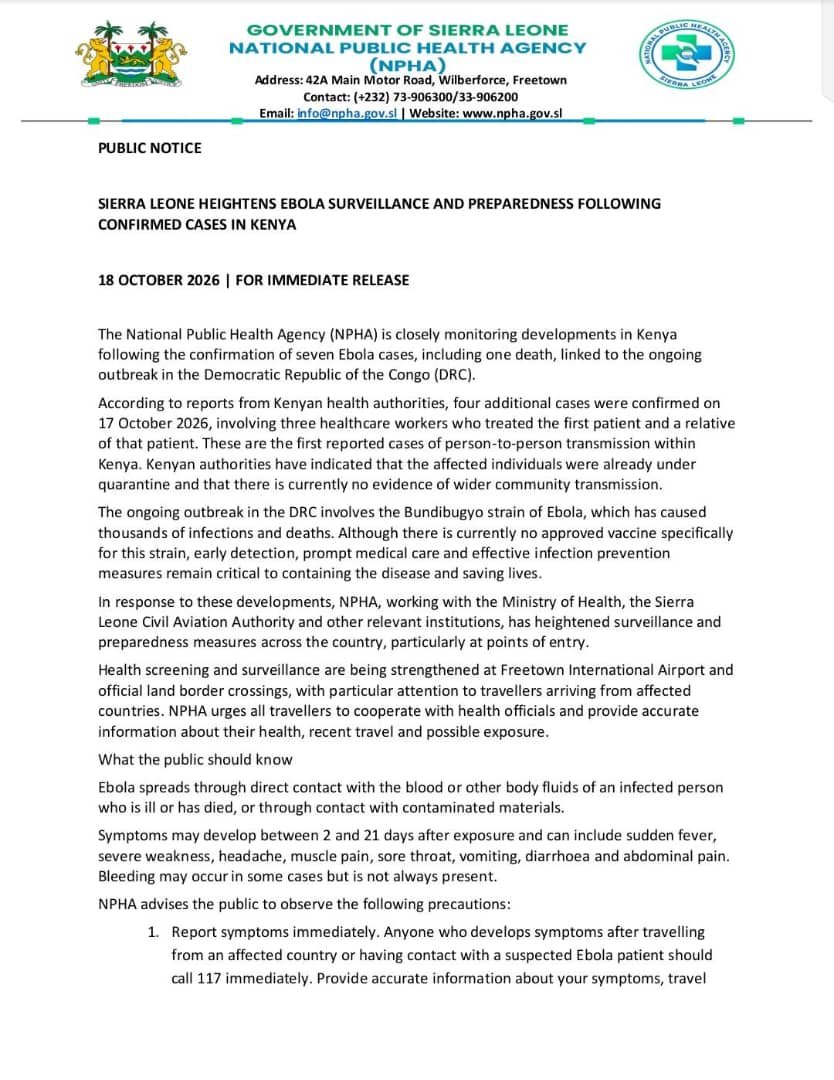 MoiceComm's tweet photo. ‼️‼️‼️‼️‼️‼️‼️‼️‼️‼️‼️

Public Notice

Sierra Leone Heightens Ebola Surveillance and Preparedness Following Confirmed Cases in Kenya

#SaloneBigPassWiAll https://t.co/PgRwkSFcZv