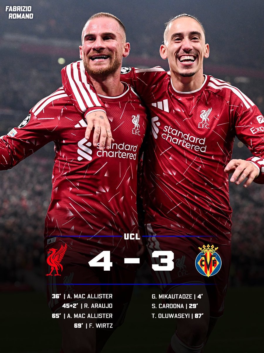 Ola_Report's tweet photo. 🚨 FT: LIVERPOOL 4-3 VILLARREAL

WHAT A COMEBACK! 🔥 Liverpool recover from 2-0 down to snatch all three points in a seven-goal thriller at Anfield!

#UCL #OlaReport https://t.co/dySnn1OTTE