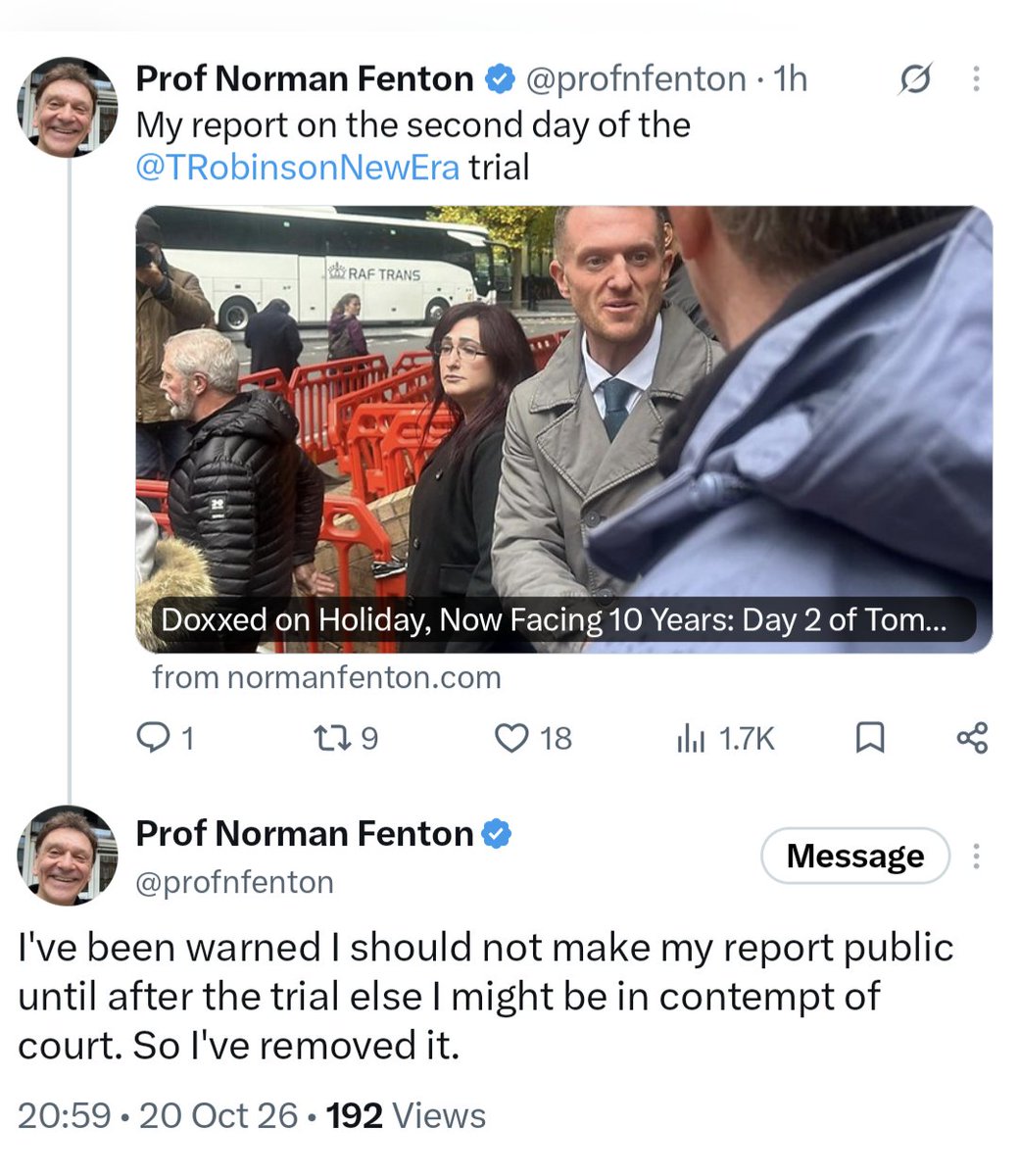 _johnbye's tweet photo. HART's Norman Fenton seems to have breached reporting restrictions on the Tommy Robinson trial, and by his own admission "might be in contempt of court". Oops.

Fenton is often seen supporting the racist thug, and seems to be just as useless as his hero at being a "journalist". https://t.co/LbAohh9OPj