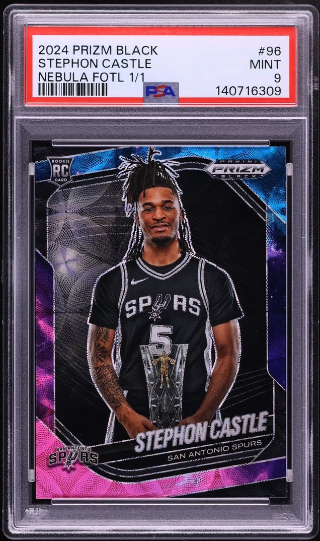 SportsCardInv's tweet photo. The 2024 Panini Prizm Black Nebula FOTL Stephon Castle Rookie 1/1 is live on Fanatics Collect and has a bid of $85,000 with 2 days left 👀

The last time we saw this card sell was in May for $37.8K 🤯 https://t.co/ty0mOoimMF