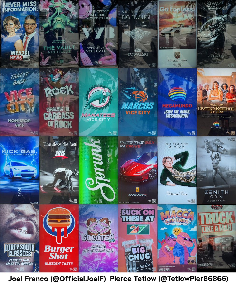 videotech's tweet photo. Here's all 24 #GTAVI ad posters being shown across Miami, courtesy of @OfficialJoelF and @TetlowPier86866 https://t.co/oWmNhXAfKI