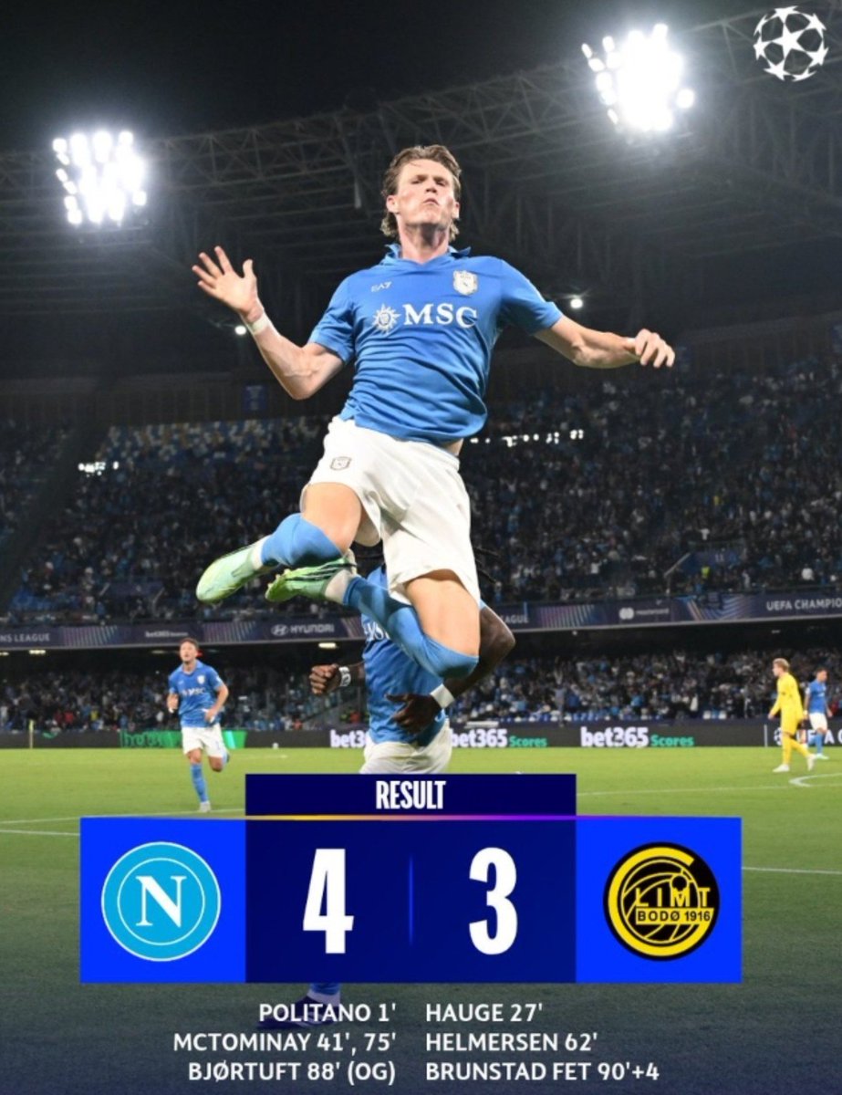 RichBillio79600's tweet photo. 🩵🤍 NAPOLI EDGE BODØ/GLIMT 4-3! 🔥

Scott McTominay grabbed a brace as Napoli secured a thrilling Champions League win! ⚽️⚽️

Who was your Man of the Match? 👀 https://t.co/uo6kIG5VQl