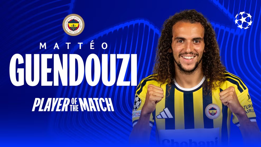 sporx's tweet photo. Matteo Guendouzi, Fenerbahçe - Slavia Prag karşılaşmasında "Maçın Oyuncusu" seçildi. 

🎯 Pas isabeti: %88 (44/50)
🔑 Kilit pas: 1
📈 Asist beklentisi (xA): 0.11
🚀 En yüksek hız: 27.5 km/sa
🏃 Kat edilen mesafe: 11.4 km
🎯 Uzun pas isabeti: %75 (3/4) https://t.co/mCMADGyvjm