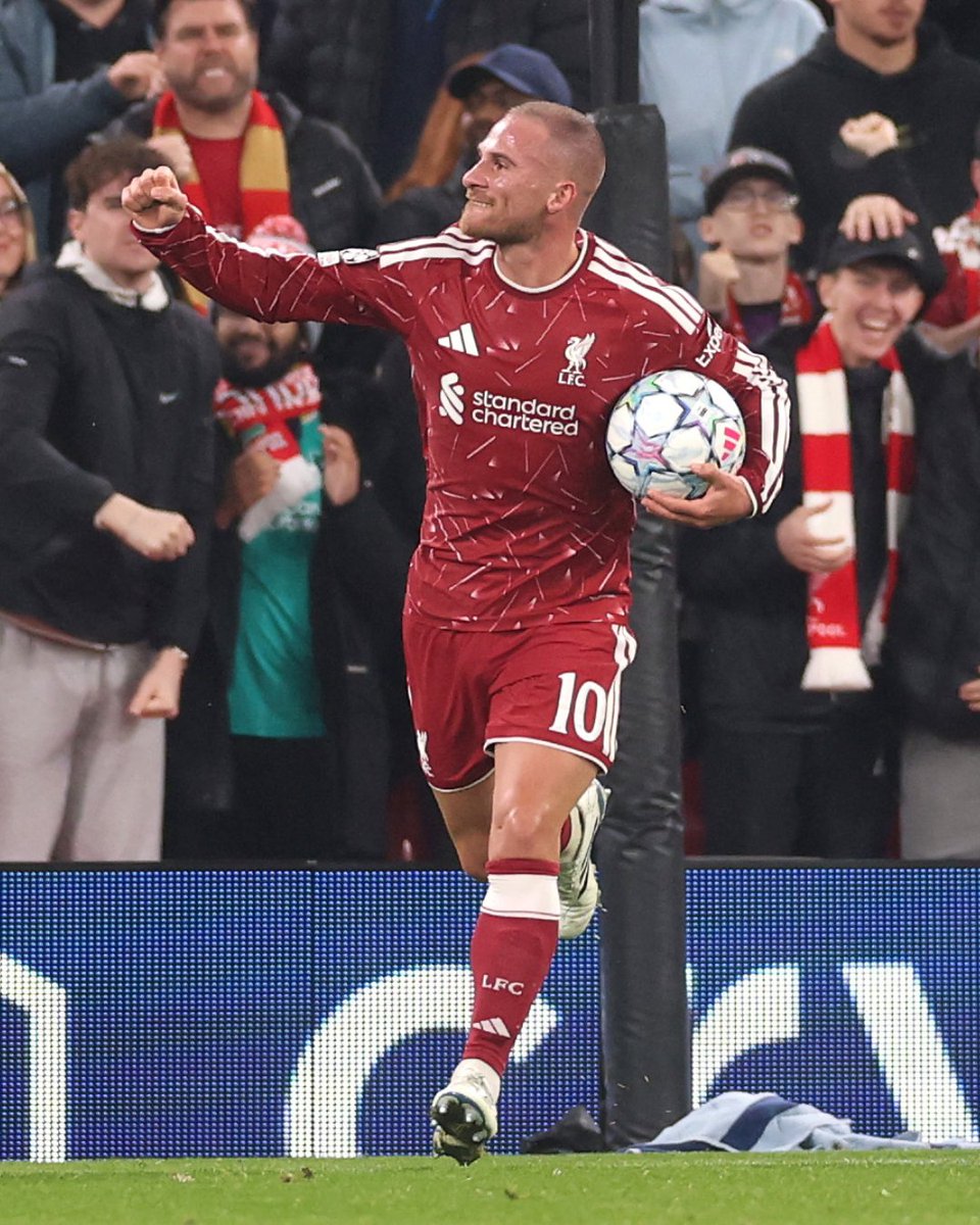 premierleague's tweet photo. Alexis Mac Allister scored twice as @LFC completed a dramatic Champions League comeback against Villareal ⚽️⚽️

Florian Wirtz and Ronald Araujo also scored as the Reds came from 2-0 down to win 4-3 at Anfield! 🔁 https://t.co/vQ6V8Tvk9k