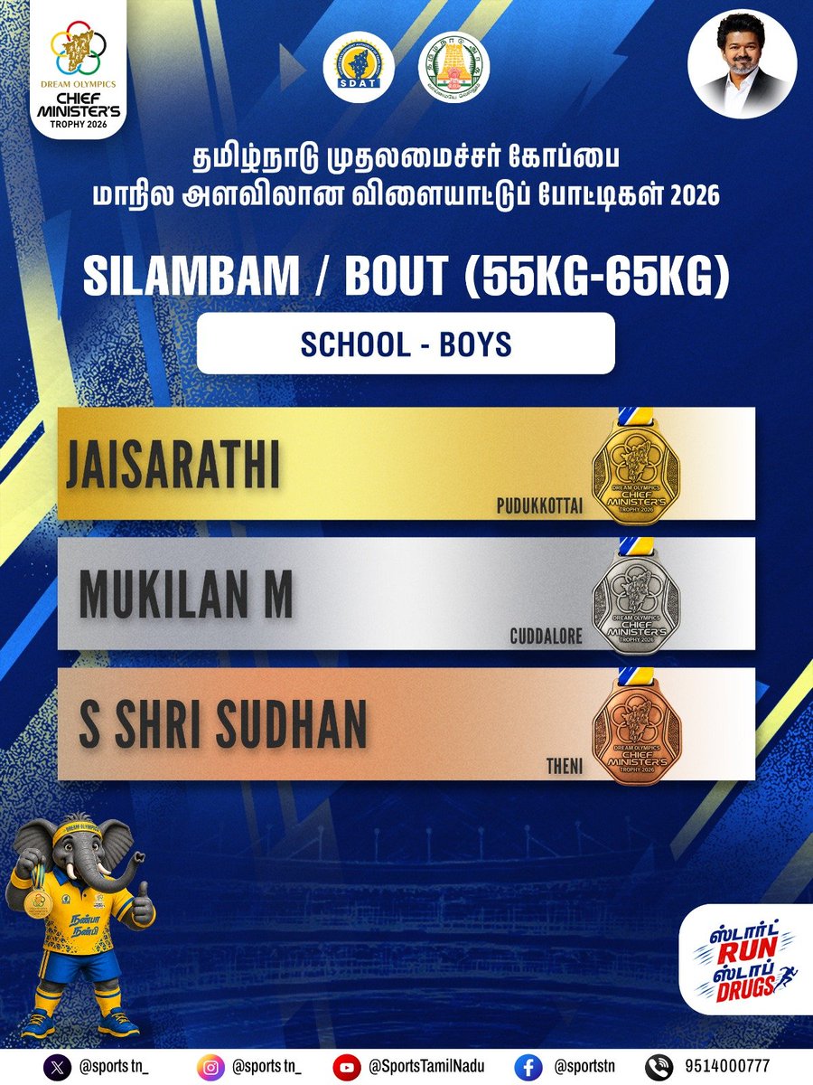 SportsTN_'s tweet photo. The results are in. Tamil Nadu’s champions are taking their place on the podium. 🏆

#SDAT #sportstn #TNSportsDevelopment #CMtrophy2026 #tnathelete https://t.co/UrCMvVctQC