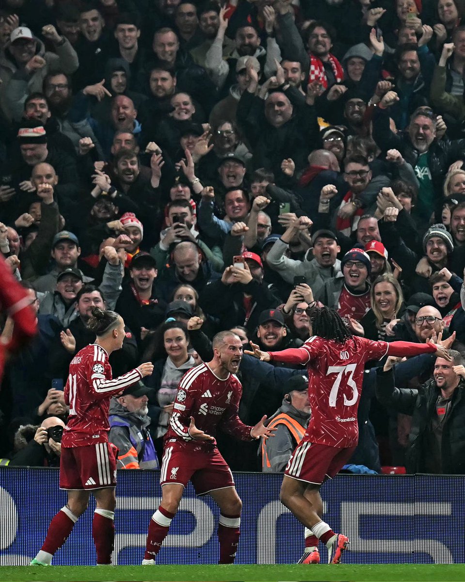 premierleague's tweet photo. Alexis Mac Allister scored twice as @LFC completed a dramatic Champions League comeback against Villareal ⚽️⚽️

Florian Wirtz and Ronald Araujo also scored as the Reds came from 2-0 down to win 4-3 at Anfield! 🔁 https://t.co/vQ6V8Tvk9k
