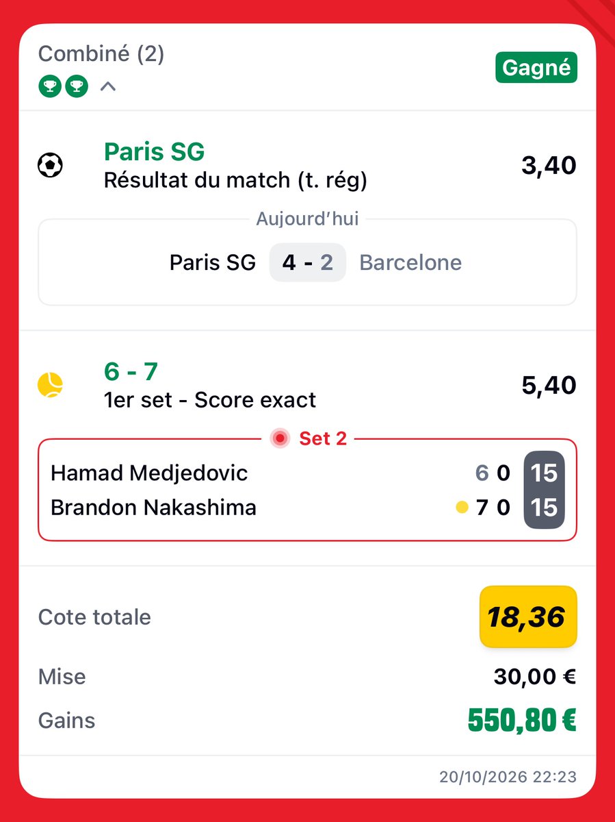 STATAVANTMATCH's tweet photo. Combiné à 18.36… VALIDÉ ✅🔥

⚽ Le PSG 🔵🔴 fait tomber le Barça (4-2) à 3.40
🎾 Score exact du 1er set Medjedovic–Nakashima (6-7) à 5.40
💰 30 € misés, 550,80 € encaissés

Quelle soirée 👊
#UCL #PSGBarça #Nakashima https://t.co/OOhSesiOXT