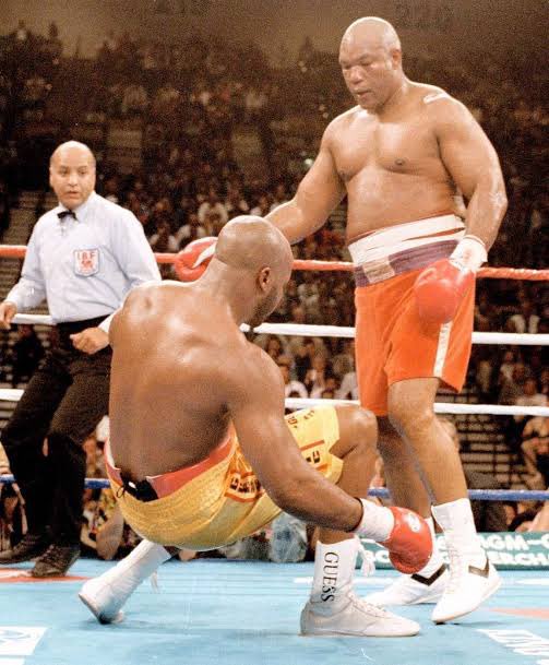 upperguard's tweet photo. A golden, poster-worthy moment captured as George Foreman flattened Michael Moorer 🥊🔥🌟 https://t.co/j0FGAH62q9