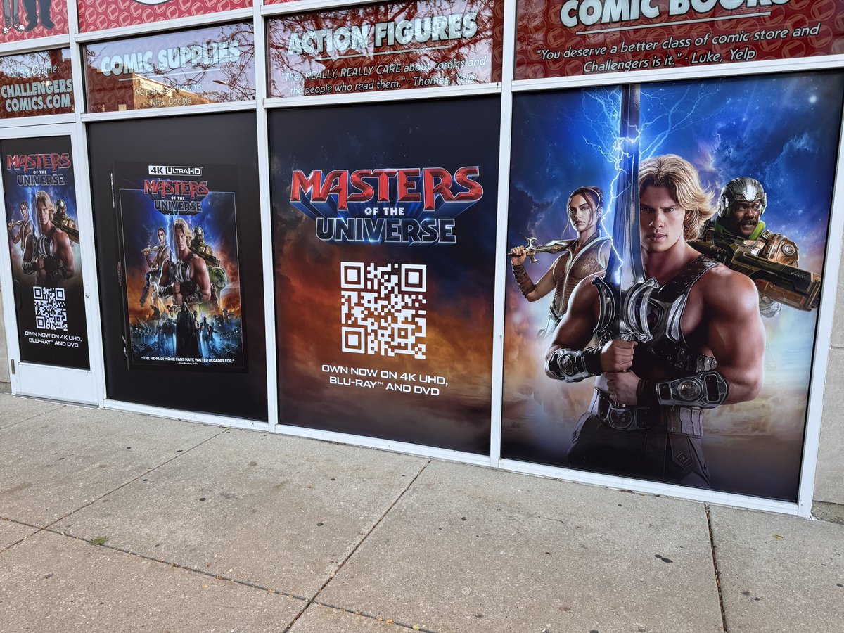 Challengers's tweet photo. We had a lot of fun with MASTERS OF THE UNIVERSE and it’s now on 4K UHD, Blu-ray™ and DVD. And any time we can get Idris Elba on our windows, we’ll take it!! https://t.co/228Oi0mfcM