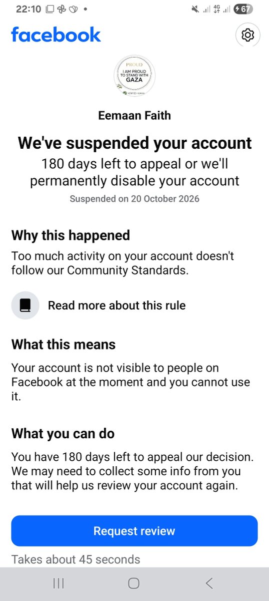 Islam_Is_Tru's tweet photo. Assalamu alaikum brothers and sisters and Hi compassionate friends🧡
I was posting about #Palestine on @Facebook when my account was suddenly suspended.."too much activity", apparently. Could you please all support me to get it back if after the review it's still suspended?✌️🇵🇸 https://t.co/WBR2da4W8R