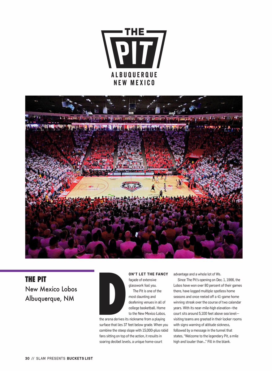 UNMLoboMBB's tweet photo. Check out the latest book from @SLAMonline, as @ThePitUNM is featured as one of their iconic college basketball venues in Buckets List. #GoLobos https://t.co/DqlFJpbVXS