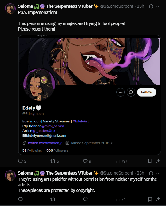 Edelymoon's tweet photo. Guys someone is accusing me of stealing their PFP and banner even though they copied mine first and are now blaming me you can check which account is older and compare our followers I have proof so please look at the facts before judging @SalomeSerpent https://t.co/t7S8u16Trn