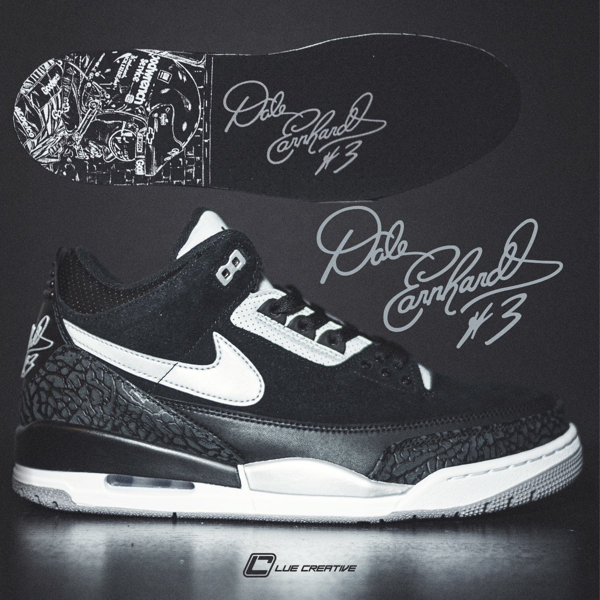 HarrisLue's tweet photo. My “Intimidate ‘Em” Tinker 3 Customs from 2020 are still rockin in my rotation 🛞💨

@ComplexSneakers | @BleacherReport | @br_racing | @Jumpman23| @luecreates | @sambassartist 

Real Custom. NO ai.

#NASCAR #Jordan3 #DaleEarnhardt #TinkerHatfield #23Xi #NikeRacing #JordanRacing https://t.co/wlb1qwOXdL