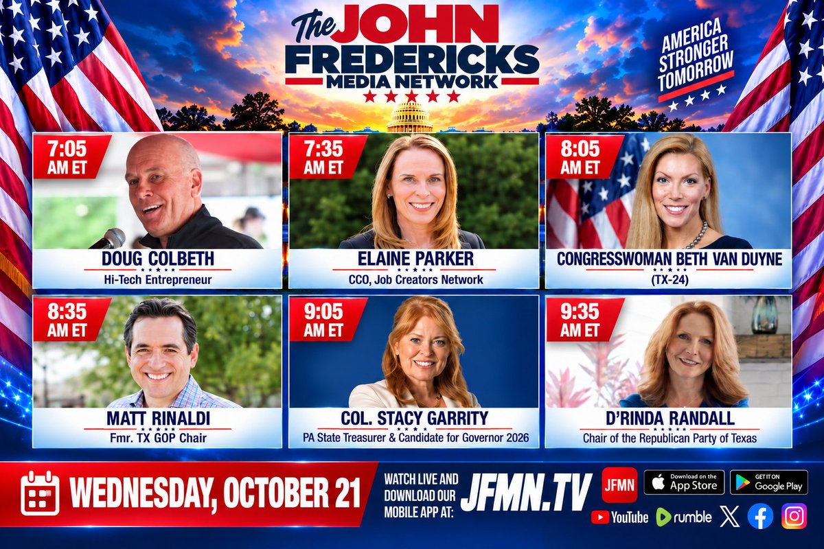 jfradioshow's tweet photo. #JFRS #WEDNESDAY #GodzillaOfTruth
Watch Live + Download Our New Mobile APP at https://t.co/PKkmw24m7E
6:00 AM - 10:00 AM ET @jfradioshow LINE-UP
7:05 AM ET #DougColbeth
7:35 AM ET @Elaine_Parker
8:05 AM ET @RepBethVanDuyne #TX24
8:35 AM ET @MattRinaldiTX
9:05 AM ET @GarrityForPA
9:35 AM ET @DrindaRandall @TexasGOP
Taking Your Calls!!! 888-480-JOHN (5646)
Watch Live + Download Our New Mobile APP at https://t.co/PKkmw24m7E