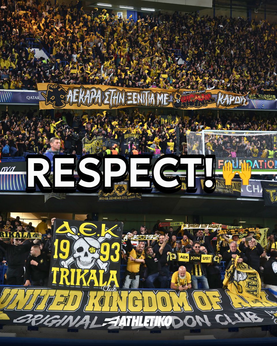 athletiko_gr's tweet photo. 💛🖤 Respect στο λαό της ΑΕΚ που ακολούθησε την ομάδα του στην Αγγλία!

Που ταξίδεψαν
Που τραγουδούσαν μέχρι το 90'
Που ήταν εκεί
Πού θα είναι και στα επόμενα

#aekfc https://t.co/KdMImG61me
