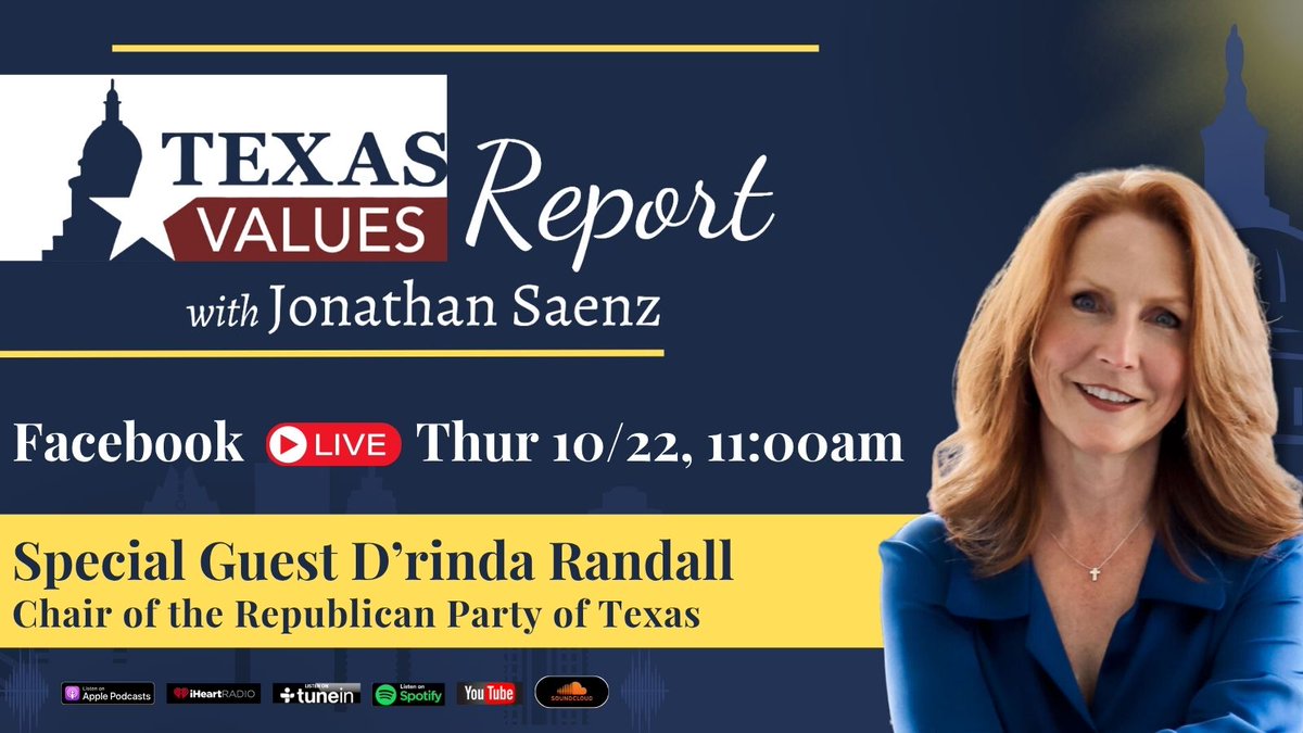 txvalues's tweet photo. Join us live on #TexasValuesReport Thursday, October 22nd at 11:00AM with special guest @DrindaRandall, Chair of the @TexasGOP, & host @jonathansaenzTX, President & Attorney for Texas Values, as they discuss the importance of voter turnout and what’s at stake in the 2026 midterm elections! https://t.co/DHq6yP1750