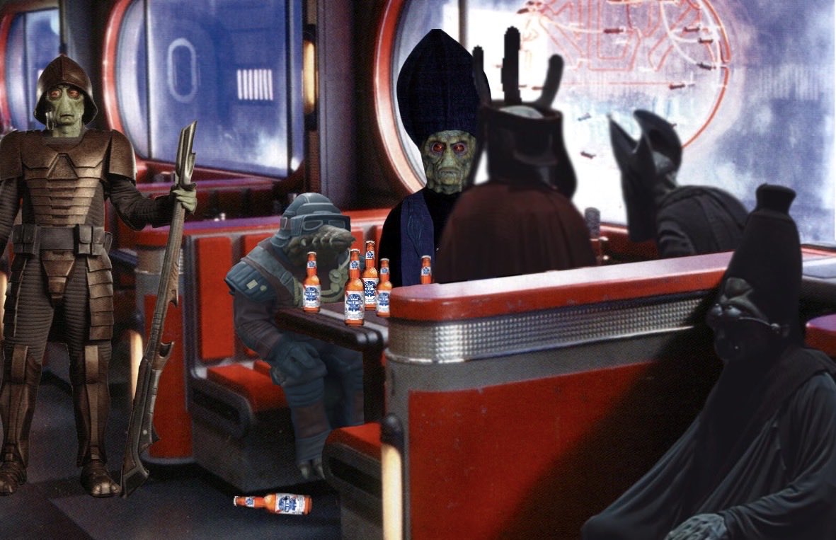 thebiddyblas's tweet photo. Biddy has just cracked open several cold ones with the Neimoidian leaders to discuss trade negotiations for Dex’s Diner. 

@Nude_Gunray @LottDood @rudehaako 
Gentlemen it’s been a pleasure working with you. https://t.co/fxsFmJjnK5