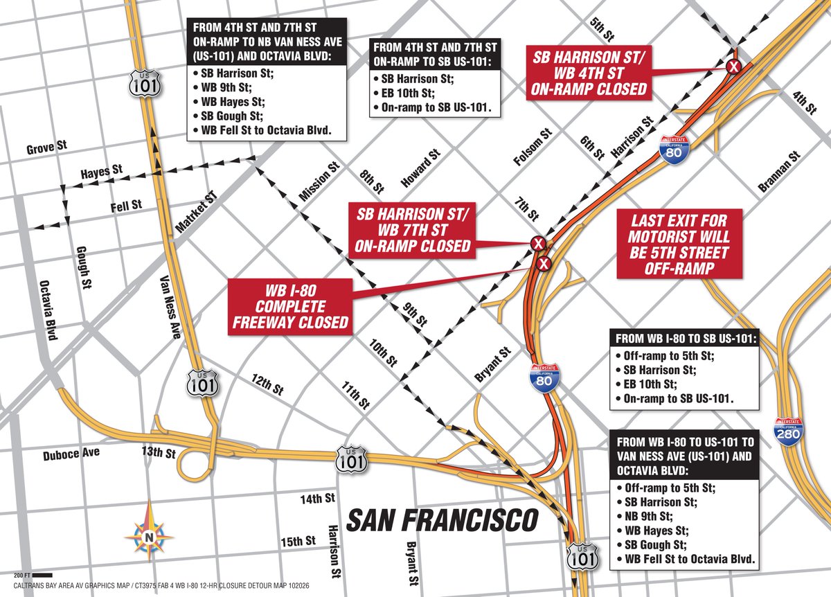 CaltransD4's tweet photo. Driving to SF this Weekend - October 23-26?

🚨PLAN AHEAD: WB I-80 between 5th &amp; 15th streets will be closed, 10/23, 11pm - 10/26, 6am.

✴️Take public transit, or alt. route: San Mateo, Dumbarton, or Richmond-San Rafael bridges.

👉If you drive, expect delays, traffic &amp; detours: https://t.co/YrpJqLO0KK