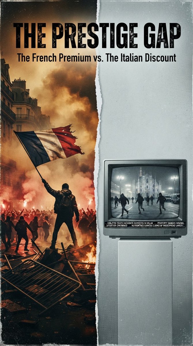 jameslangelle's tweet photo. EU Unrest: French Premium (High Prestige), Italian Discount (Low Prestige). Biased role of "prestige driven news coverage" in civil disturbances.
Tendant: #MilanProtests, #MilanRiots, #ItalyRiots2026
Meloni vs Macron, Gilets jeunes- jaunes, gilet gialli
https://t.co/Ytgm3BAsLQ https://t.co/OSA6ecbPfi
