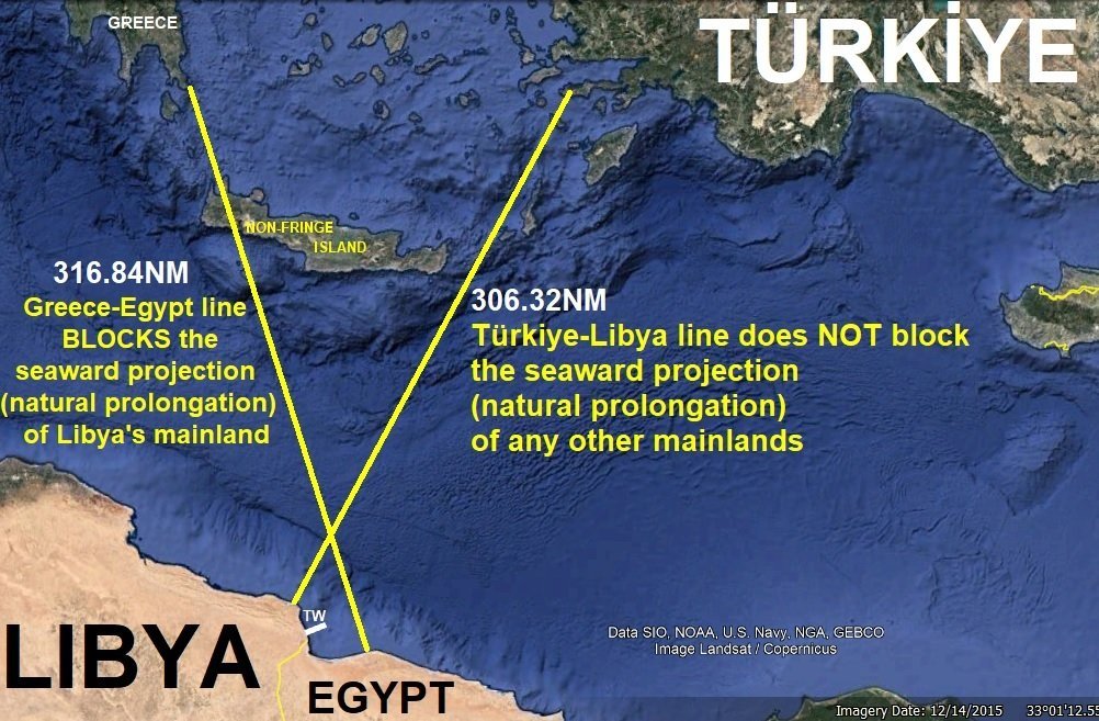 adem_5361's tweet photo. Madalyonun Libya yüzü!

Libya Girit'in güneyinde, karasuları dışında çalışma yapan Yunanistan'a önce uyarı yaptı ve son hamlesiyle hukuksuzluğuna cevap verdi. 

Yunanistan bir adalar devleti değildir ve "eşit mesafeler" siyasi anakara'lardan ölçülür!

Yunan anakarasından 200 deniz milinden daha az mesafede bulunan—ve kıyı şeridi boyunca yer almayan—adalar, kendi karasularının ötesinde münhasır ekonomik bölge hakkı doğuramaz.

Girit bir fringe ada değildir ve MEB hakkı "sıfır"dır!