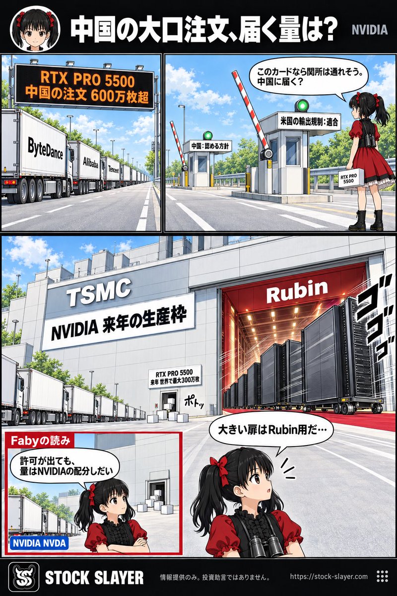FABYMETAL4's tweet photo. 🧭中国の注文600万枚超、NVIDIAの来年の生産は最大300万枚 | 規制に適合したカードでも、TSMCの能力の多くはRubinへ回る見通し $NVDA

ByteDance、Alibaba、Tencent の3社が、NVIDIA $NVDA の新しいカード RTX PRO 5500 を合わせて300万枚超注文した。1枚およそ1万1,400ドルで、定価の合計は350億ドルを超える。Reuters が10月20日、関係者の話として報じた。

中国で NVIDIA のデータセンター向けチップを止めてきたのは、これまで政府の許可だった。米国が H20 や少量の H200 の出荷を認めても、中国政府がその販売を制限し、NVIDIA は思うように売れなかった。NVIDIA は直近の四半期報告書（10-Q）に、中国のデータセンター向けの市場から事実上締め出されていると書いている。

RTX PRO 5500 は、9月に発表された業務用パソコン向けのカードだ。データセンター向けの主力品より性能は低いが、米国の輸出規制に適合している。中国の工業情報化省も ByteDance や Alibaba などに購入の計画を尋ね、一部の企業に認める方針を伝えたと、9月に The Information が報じた。

今度詰まりそうなのは、NVIDIA 自身の生産だ。

NVIDIA は客と取引先に、注文を満たせる保証はないと伝えた。3社を含む中国の客全体からの注文は600万枚を超えるが、NVIDIA が来年このカードを作れるのは、関係者の1人によると世界で300万枚までという。別の1人によると、取引先には、求めた量の5〜10%しか受け取れないかもしれないと伝えている。

関係者2人によると、NVIDIA は来年から、TSMC での生産能力の多くを、このカードのような製品ではなく、データセンター向けの次の基盤 Rubin に充てる見通しだ。

350億ドルは、そのまま NVIDIA の売上にはならない。取引先に伝えた5〜10%を3社の300万枚に当てはめて試算すると、届くのは15万〜30万枚で、定価で数えても17億〜34億ドルだ。NVIDIA が7月までの3か月に中国（香港を含む）に本社を置く客から得た売上78.8億ドルの、半分に届かない。

350億ドルという額より、私には注文と生産の差が大きく見える。主力品より性能の低いカードにさえ、NVIDIA が来年世界で作れる量の2倍を超える注文が、中国から集まった。

このカードでは、許可が下りても、中国に届く量は NVIDIA 自身の生産の配分に縛られる。

確かめる数字は、NVIDIA が客に示す来年の生産枠が、300万枚から動くかどうかだ。動かないあいだは、中国の注文がいくら積み上がっても、このカードで NVIDIA が来年売れる量は、その枠で頭打ちになる。

🤘情報提供
Stock Slayer : https://t.co/2AxrLtD5Ze